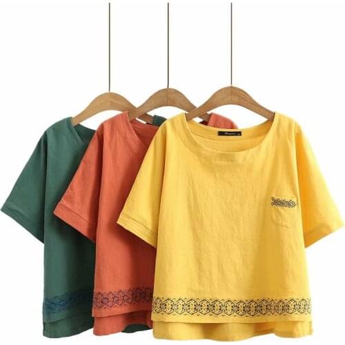 Summer T-Shirt Women Clothes Tees 2021 Casual Plus Size Tops Hem Asymmetry Embroider Ethnic Style Camiseta Mujer