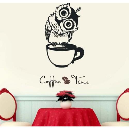 Cute Cartoon Owl In The Cup Wallstickers Coffee Decorative Decal For Kitchen Dining Room Vinyl Decals Cafe Bar Home Decor #LR2