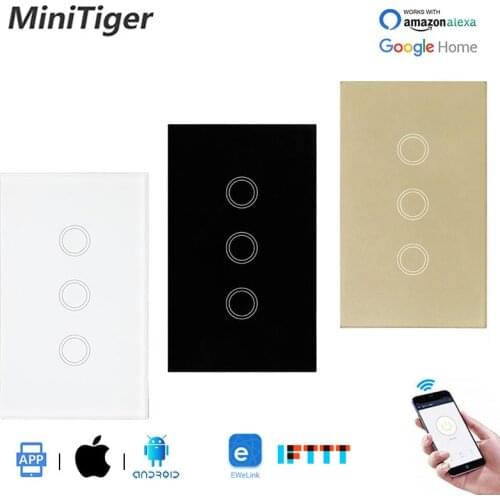 Minitiger Ewelink US Standard WIFI 3 Gang 1 Way Crystal Glass Panel Touch Wall Switch Smart Home Automation Null and Fire Line