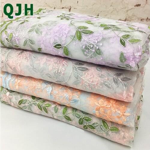 Newest 1yard 3D Leaves&Flowers Embroidered Chiffon Lace Fabrics Lithe Soft DIY Wedding Dress Transparent Tulle Cloth 145cm Width