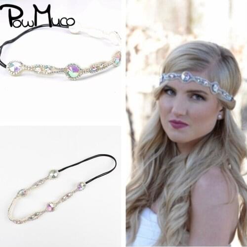Powmuco Colorful Hand Sewing Glass Beads Headband Elastic Hairband Shining Women Headwear Clothing Accessories Party Decoration