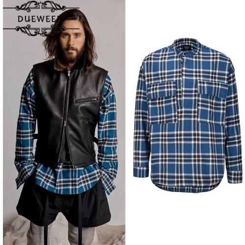 Dueweer Vintage Washed Blue Plaid Shirt Hip Hop Streetwear Henry Collar Tartan Shirts Men Oversized Long Sleeve Casual