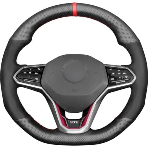 Hand Sew Black Genuine Leather Suede Red Marker Car Steering Wheel Cover for Volkswagen VW Golf 8 MK8 GTI Golf GTE 2020-2021