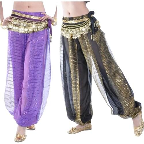 Belly Dance Harem Pants Arabic Halloween Lantern Shiny Pants Fancy Pants India Dance Outfit Free Size (Coin Belt Not Included)