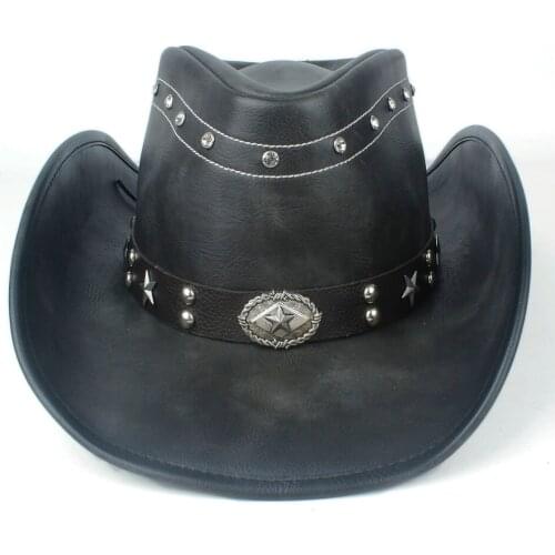 Unisex Men Women Black Leather Western Cowboy Hat with Punk Belt Wide Brim Hat Size 58-59CM