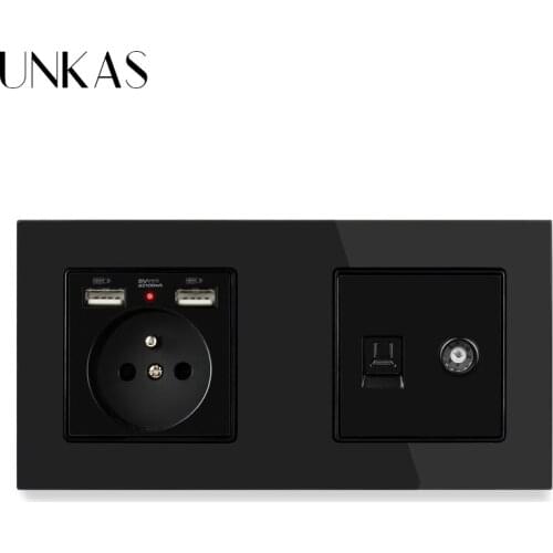 UNKAS Glass Panel French Standard Electric Socket with 2 USB + RJ45 Internet Computer Connector and Female TV Jack