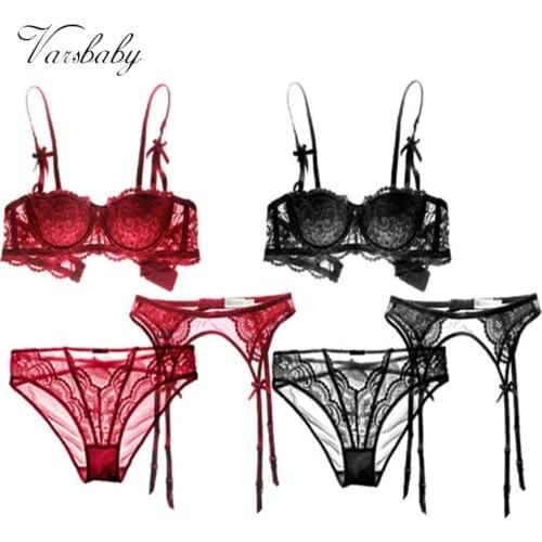 Varsbaby embroidery half cup lingerie bra and panty with garters 2 bra sets/lot