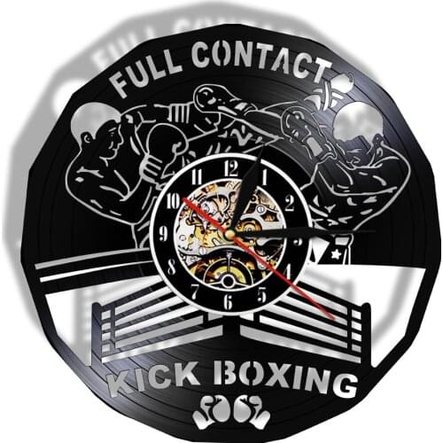 Full Contact Kick Boxing Vinyl Record Wall Clock Gym Fighting Sports Decor Scrappers Boxers Gloves Punching Bag Infighters Watch
