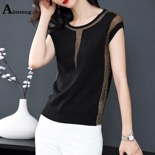 Aimsnug Women Black Elegant T-shirt Mesh Patchwork Office Ladies O-neck Hollow Out Shirt 2020 Summer New Solid Women Casual Tops