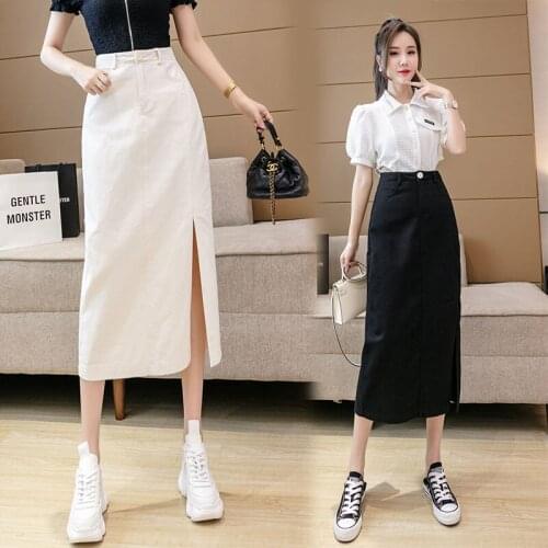 Side Slit Denim Midi Skirt Women 2021 Summer New High Waist A-line Mid-length Sexy Hip Pencil Skirt for Young Women BSQ321
