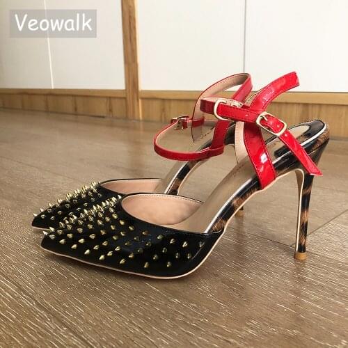 Veowalk Gold Spikes Women Glossy High Heel Sandals Summer Ankle Strap Pumps Sexy Ladies Pointy Toe Slingbacks Shoes Stilettos
