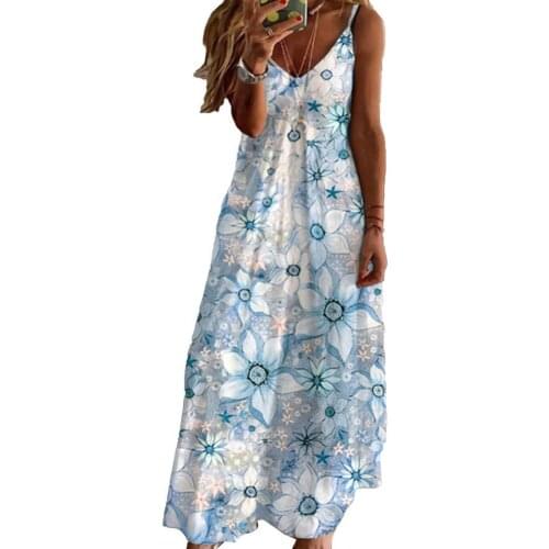 Summer Women Dress Sleeveless Long Type Polyester breathable Floral Printed V-neck Women Sexy Streetwear Dress 2021