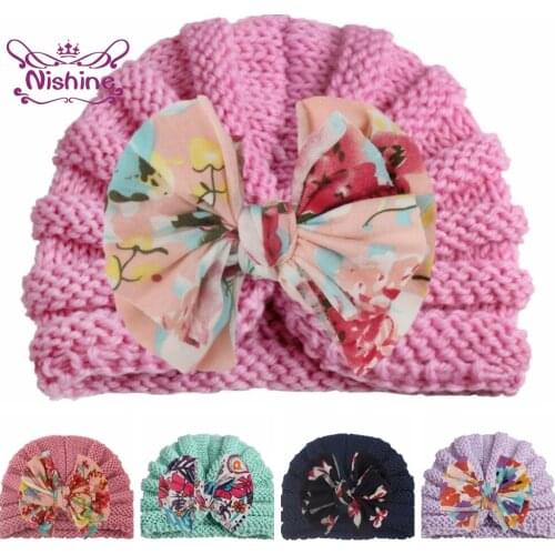 1 PCS Vintage Print Bowknot Elastic Knitting Wool Hats Cute Flowers Pattern Bows Infant Caps Kids Accessories Photography Props