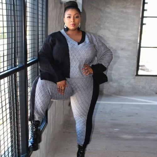 Plus Size Clothing Women 2 Pcs Sweater Sets Winter Spring Black Grey Patchwork Outfit Pullover V Neck Wide Sleeve Top And Pants