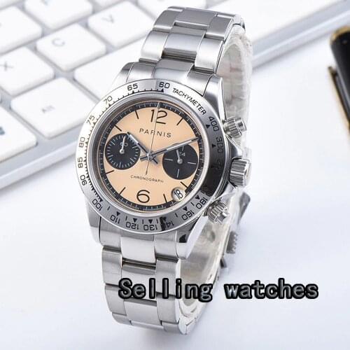 Parnis Quartz Chronograph Watch Men Top Brand Luxury Business Waterproof Sapphire Crystal Wrist Watch orange Dial mens Watch