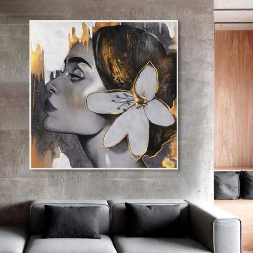 Flowers Women Portrait Canvas Painting Wall Art Golden Girl Posters and Prints Light Luxury Wall Pictures for Living Room Decor