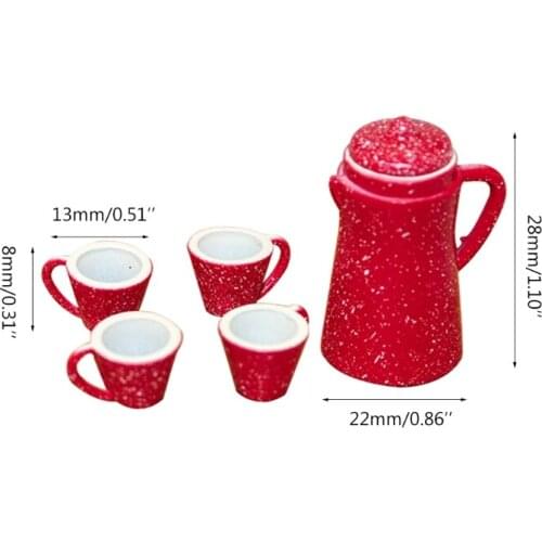 T5EC 1:12 Scale Toy Model Tea Pot Kettle Play House Toy w/ 4 Mini Cups Kitchen Accessory Toy for DIY Dollhouse Children Gift