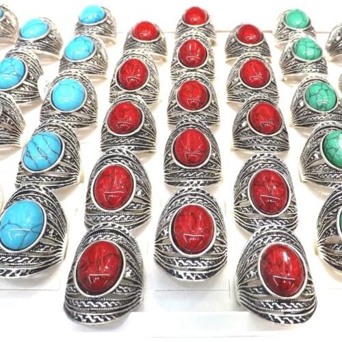 Antique Silver Color Hollow Style Turquoises Rings Mixed Color 50pcs/Lot Wholesale