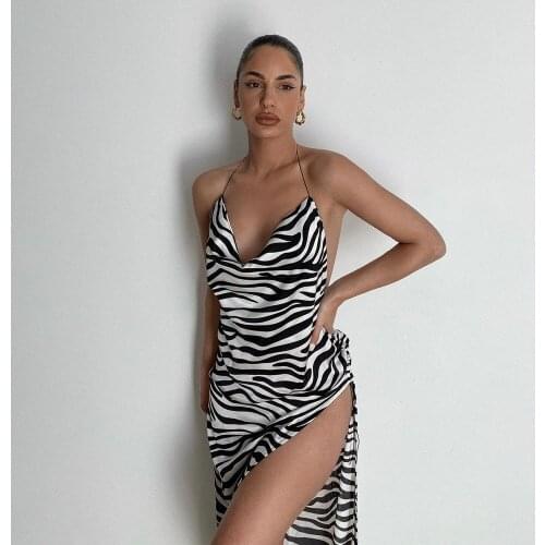 Summer Fashion Trend Ladies Suspender Dress With Zebra Pattern Solid Color Sexy Backless Split Party Club Womens Long Skirt -40