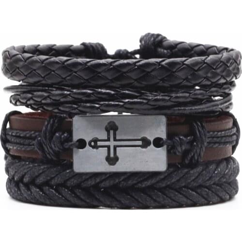 Hot 4pcs/set Alloy Believe Love Words Cross Archor Charm Bead Women Men Leather Bracelets Homme Male Female Jewelry