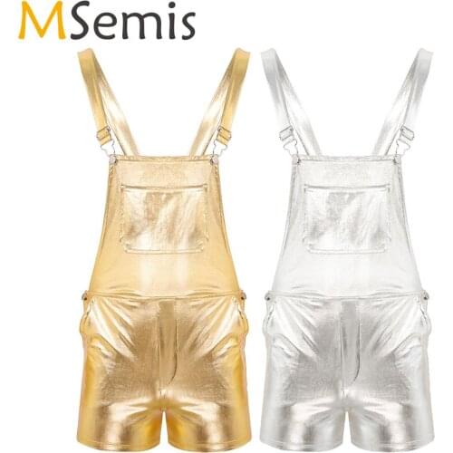 Mens Shiny Metallic Suspender Shorts Exotic Sissy Bib Overall Hotpants Adjustable Wide Shoulder Straps One Piece Pants Clubwear