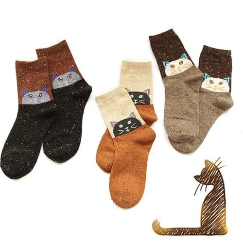 1Pair/lot Lovely Cat Pattern Socks Autumn Winter Style Creative Cute Women Wool Cotton Socks Girls Calcetines Meias