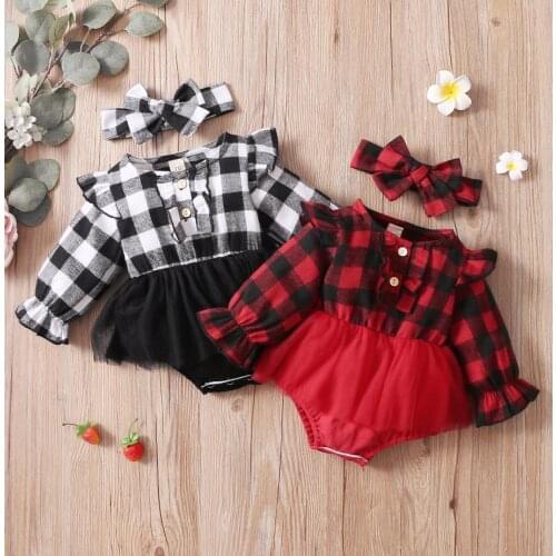 2021 New Baby Girls Xmas Clothes Christmas Plaid Girls Flying Sleeve Romper Skirt Headdress Black White/ Black Red Rompers