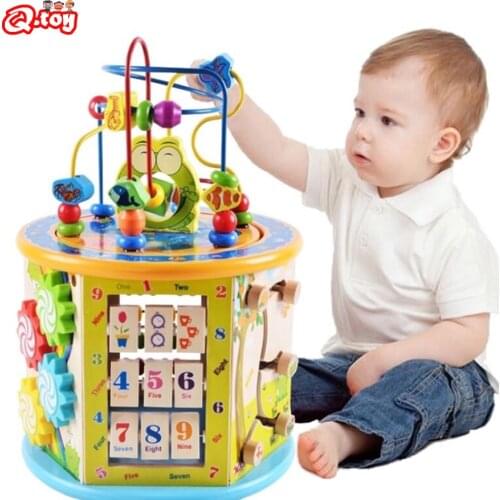 Montessori Educational Toy Wooden 8 in 1 Multipurpose Activity Cube Center Toys for Baby Cognitive Color and Shape Birthday Gift