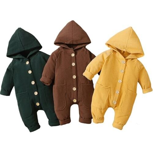 2021 Autumn Winter Baby Clothes Boys Girls Solid Color Long Sleeve Button Down Hooded Romper Jumpsuits with Pockets Outfit