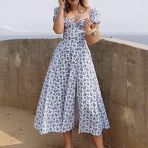 Summer Print Dress Fashion Elegant Slit Maxi Dress Floral Short Puff Sleeves Square Collar Holiday Dress French Romantic Sexy