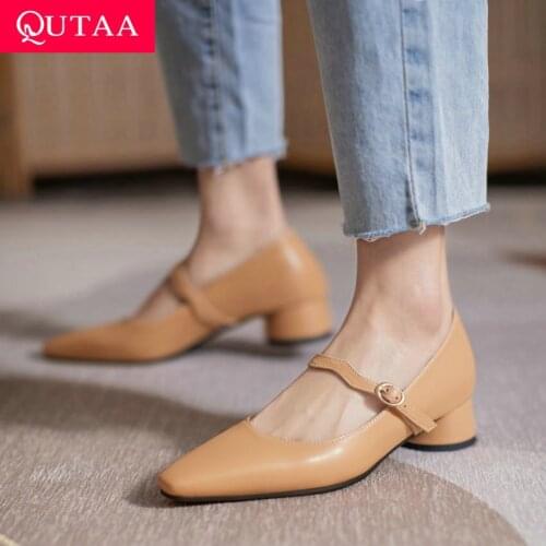 QUTAA 2021 Microfiber Buckle Shallow Women Shoes Square Med Heels Spring Autumn Pointed Toe Concise Ladies Pumps Size 34-43
