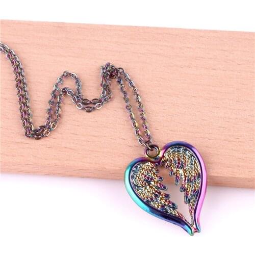 Rainbow Color Heart Angel Wing Feather Shape Pendant Necklace Stainless Steel Chain Jewelry