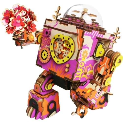 Robotime DIY 3D Wooden Puzzle Model Building Kit Mechanical Model Colorized Robot Toy with Music Box AM601 for Dropshipping
