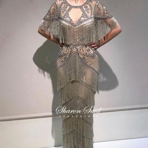 Luxury Tassel Gray Dubai Evening Dress Mermaid Short Sleeve Arabic Formal Prom Dresses for Women Wedding Graduation Party Gowns