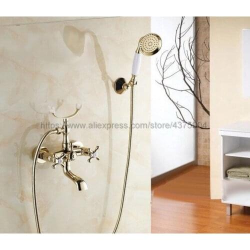 Luxury Gold Color Brass Wall Mount Bathtub Faucet Dual Handles Swivel Spout Mixer Tap with Hand Sprayer Ntf132