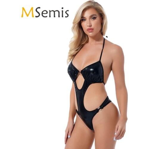 Sexy Womens Lingerie Patent Leather Bodysuit Wet Look Nightclub Stage Show Costume Halter Lace-up Cutout Swimsuit Swimwear