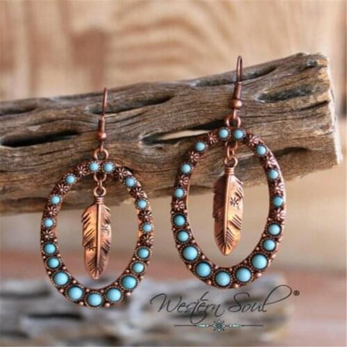 Round Feather Drop Geometric Hook Earrings with Turquoise Lake Sky Bluestone Antique Gold & Silver Tone Jewelry Women Gift F9LH6