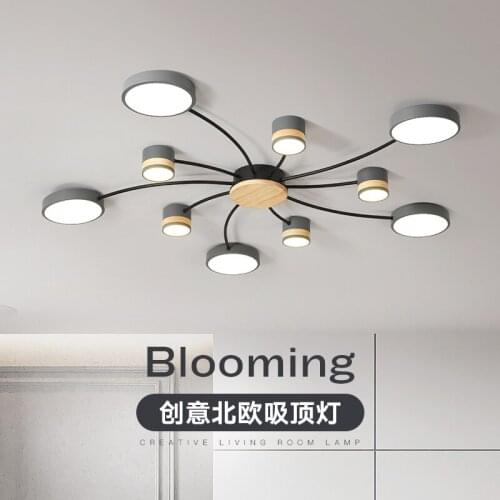 Nordic LED Chandelier with Round Metal Lampshade For Living Room Modern Bedroom White Gray Iron With Wood Ceiling Lustres