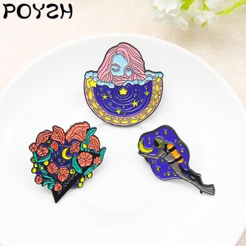 Dark blue night sky Creative Enamel Pin Stars and moon diver Red flowers A woman with pink hair Fashion Brooches Custom Badge