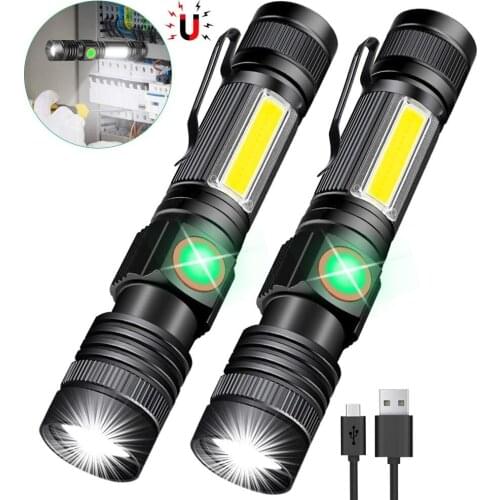 Ultra Bright Led Flashlight Cree T6 Cob 18650 Battery Usb Rechargeable Waterproof Torch Zoomable 4 Light Modes Magnet Work Light