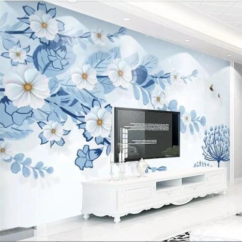 Wellyu Modern minimalist small fresh flowers blue decorative painting background wall custom large mural green wallpaper