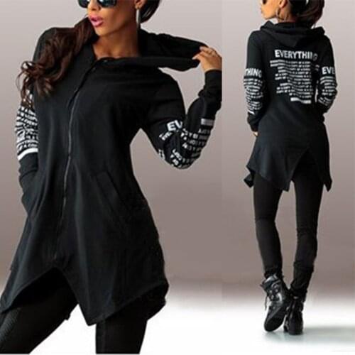 Women Sweatshirts Casual Hooded Letters Print Irregular Hem Outwear Harajuku Asymmetric Zipper Back Split Female Streetwear