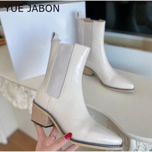 Handmade White Ankle Boots Women Top Quality Genuine Leather Autumn Retro Lady Shoes Square Heel Winter Wood Sole Chelsea Boots