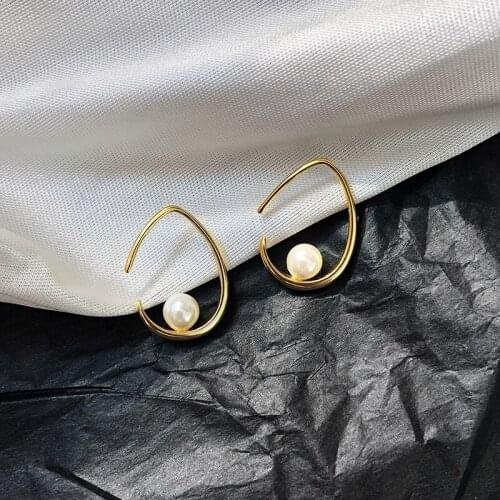 MLKENLY 925 sterling silver Korean simple C pearl hollow water drop temperament earrings light luxury fine jewelry for women