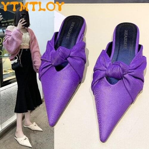 Spring And Summer Womens Shoes Korean Version Of The New Design Pointed Bow Slippers Baotou Flat Ins Wind Half Slippers