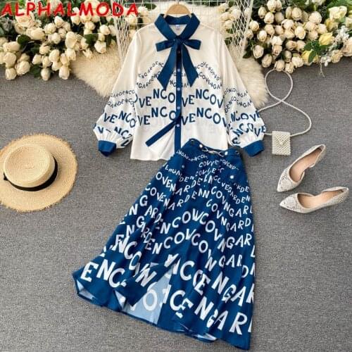 ALPHALMODA 2021 Spring Letter Print Lapel Bow Collar Long-sleeved Loose Shirt High Waist A-line Printed Skirts Women Fashion Set