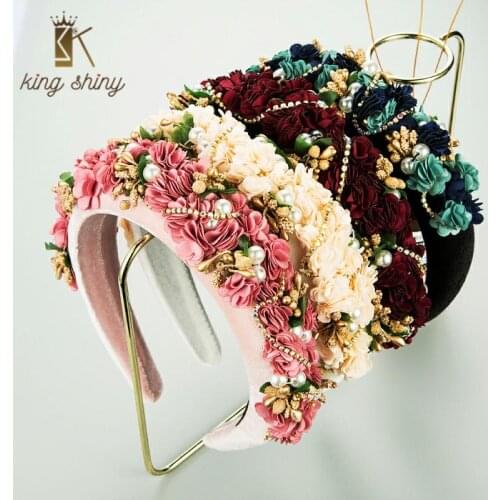 Temperament Baroque Lace Flower Headband for Woman Vintage Simulated Pearl Thick Sponge Hairband Bridal Wedding Hair Accessories