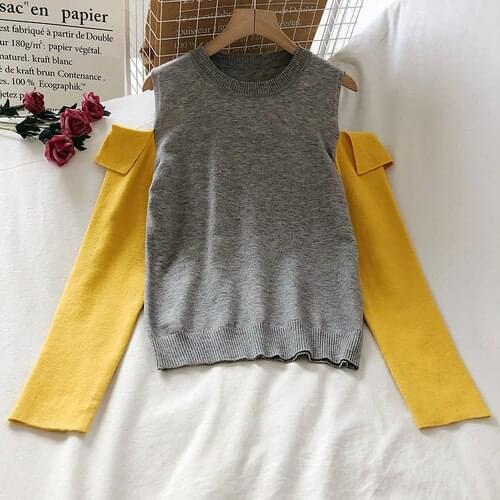 Hit Color Patchwork Women Knitted Top Autumn Korean Sexy Strapless Slim Knitwear Long Sleeve O-neck Pull Tops Cotton Polyester