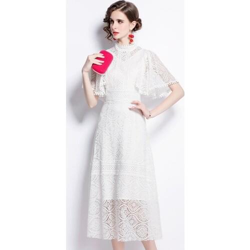 2021 New Women Dresses Lace Office Lady A-LINE Mid-Calf Dresses Flying sleeve O-Neck Elegant Vintage Solid Women Summer Dresses
