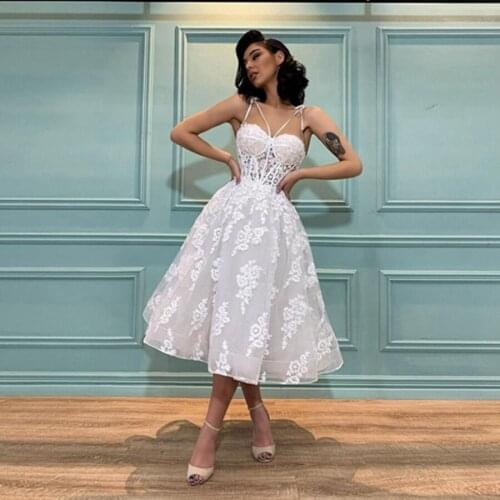 Bridal White Appliques A-line Wedding Dresses Sexy Spaghetti Strap Sweetheart Wedding Gowns Sleevelesss Mid-Calf Robe de mariée